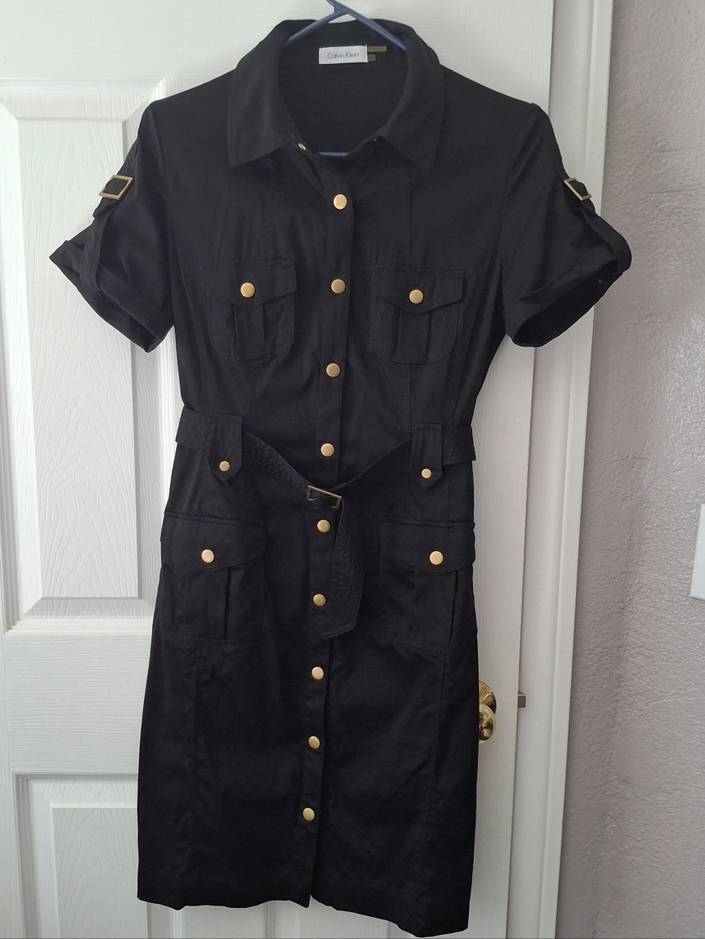 Calvin Klein Black Safari Shirt Utility Dress Belted Pockets Snap Front Womens 8